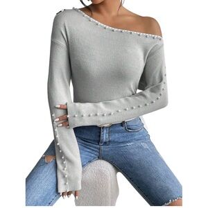 Pearls sweater oblique cold shoulder asymmetrical one beaded gray off sweatshirt